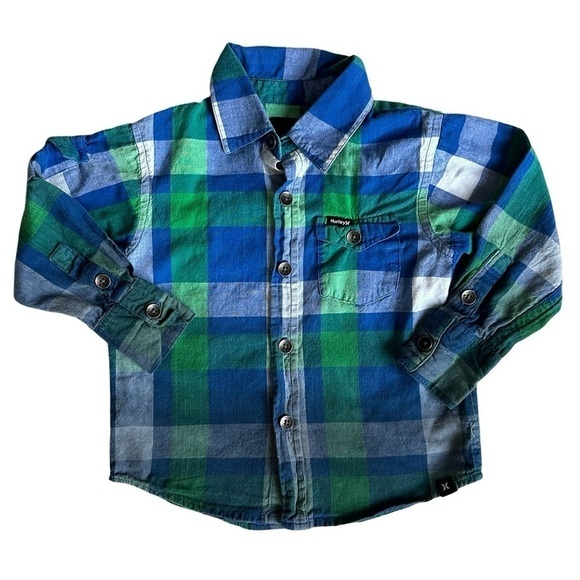 Hurley 2T Boys Blue Green Plaid button down long sleeve shirt - Picture 1 of 5